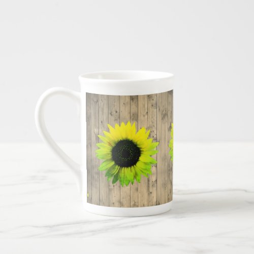 Sunflower on Rustic Wood Bone China Mug