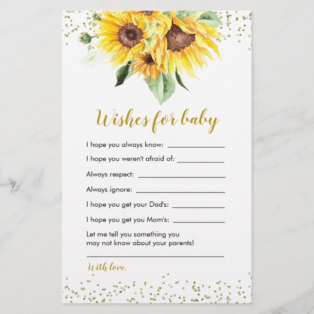 Sunflower on the way Baby Shower Wishes for Baby (Front)