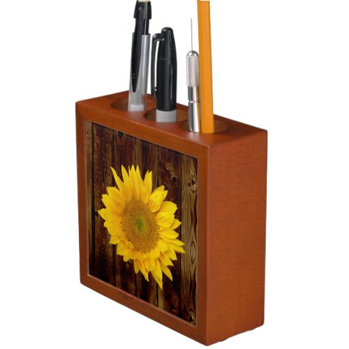 Sunflower on Vintage Barn Wood Country Desk Organizer