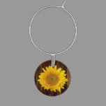 Sunflower on Vintage Barn Wood Country Wine Glass Charm