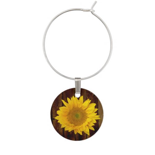 Sunflower on Vintage Barn Wood Country Wine Glass Charm