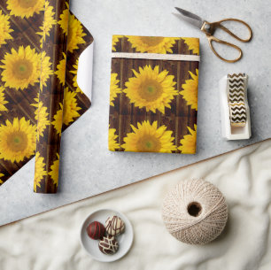 Sunflower on Vintage Barn Wood Country Wrapping Paper