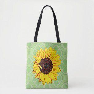Sunflower on Vintage Style Green Tote Bag