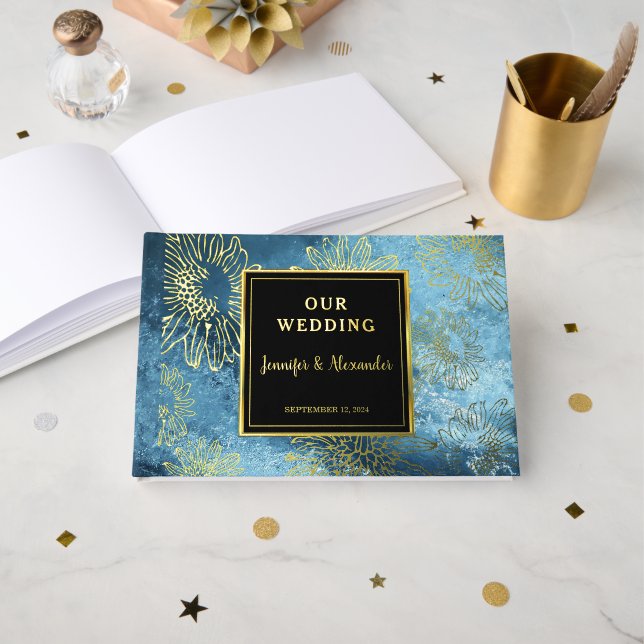 Sunflower on watercolor pattern gold Foil wedding Guest Book (Front Open)
