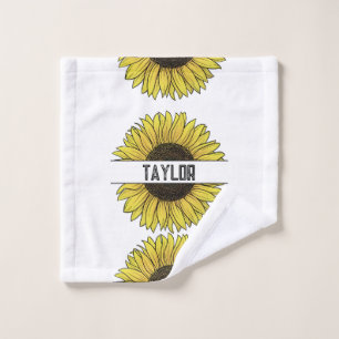 Sunflower on white Monogram Name Wash Cloth