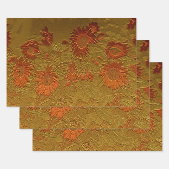 Sunflower Orange Gold Floral Art Design Decoupage Wrapping Paper Sheets (Set)