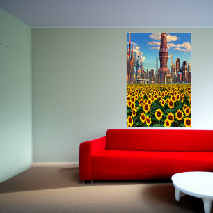 Sunflower outside the city AI Art Poster