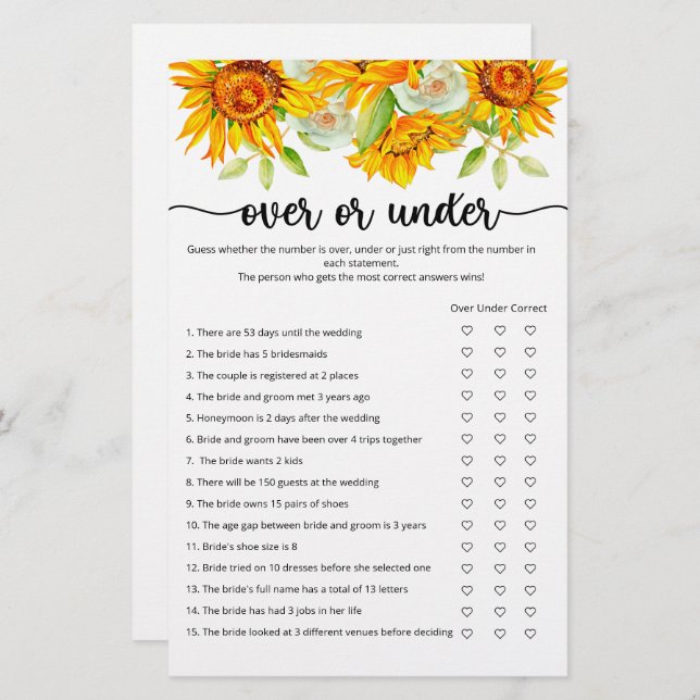 Sunflower over or under bridal shower game (Front/Back)
