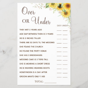 Sunflower Over or Under Bridal shower game card Flyer