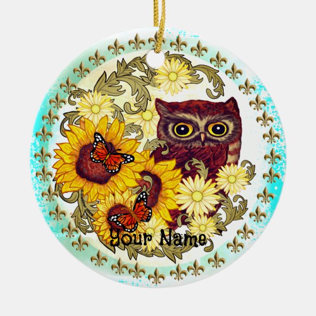 Sunflower Owl   Ceramic Ornament (Front)