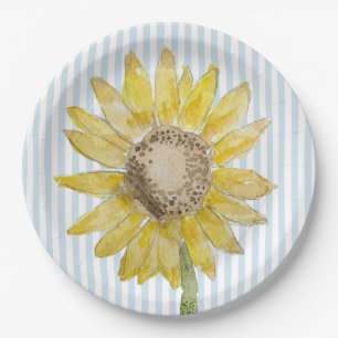Sunflower Painting Blue Stripe Paper Plates