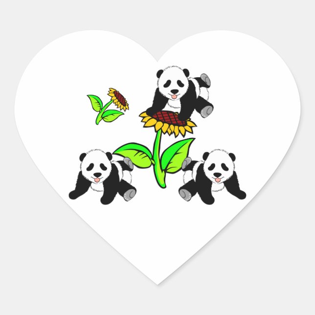 Sunflower Panda Bears Heart Sticker (Front)