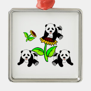Sunflower Panda Bears Metal Ornament