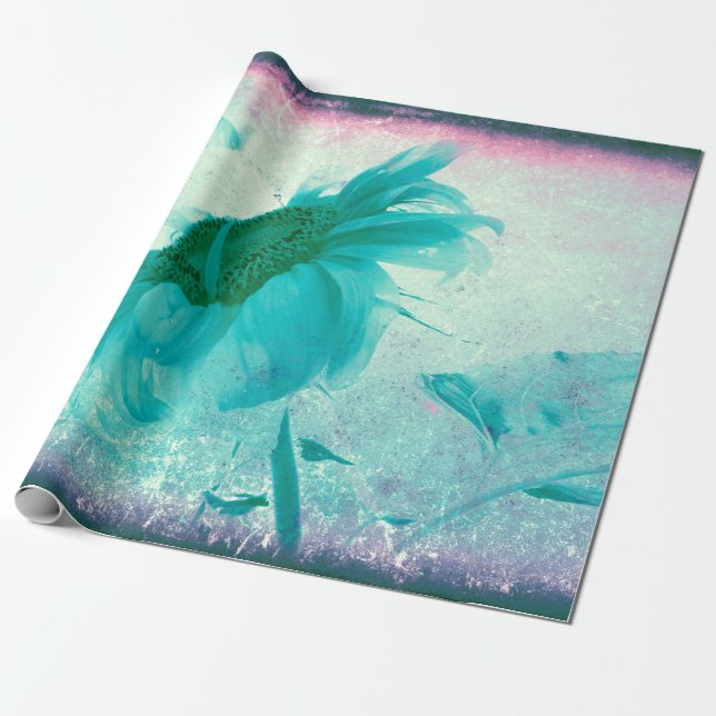 Sunflower Pastel Yellow Teal Vintage Antique Wrapping Paper (Unrolled)