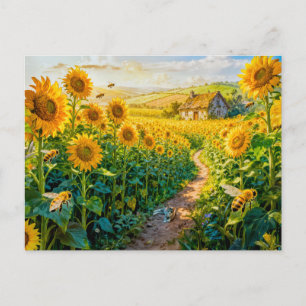 Sunflower Path Cottage with Cat and Blossoming Mea Postcard