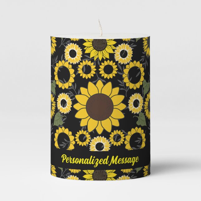 Sunflower pattern A01.b Black BG Pillar Candle (Front)