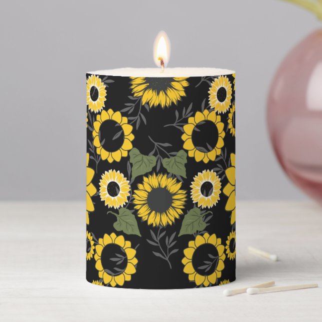 Sunflower pattern A01.b Black BG Pillar Candle (In Situ)
