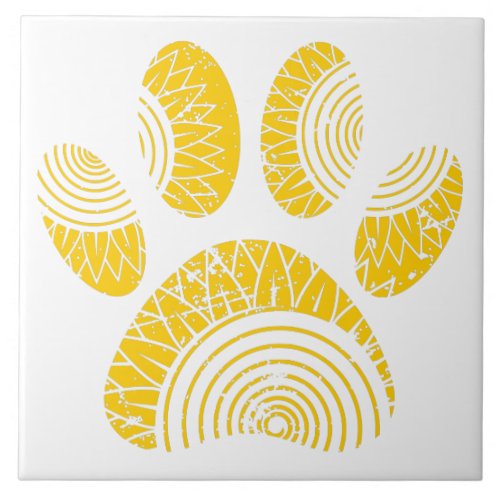Sunflower Pattern Dog Paw Print Distressed Design Ceramic Tile