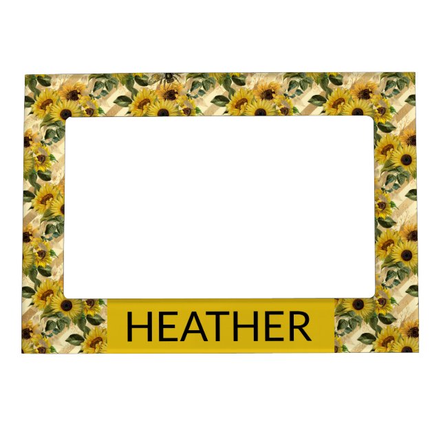 Sunflower Pattern Floral Monogram Name Magnetic Frame (Front)