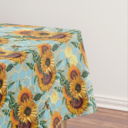 Sunflower Pattern Gold Honeycomb Bees Aqua Tablecloth