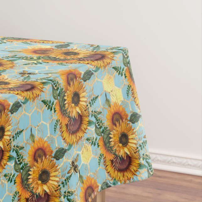Sunflower Pattern Gold Honeycomb Bees Aqua Tablecloth (In Situ)