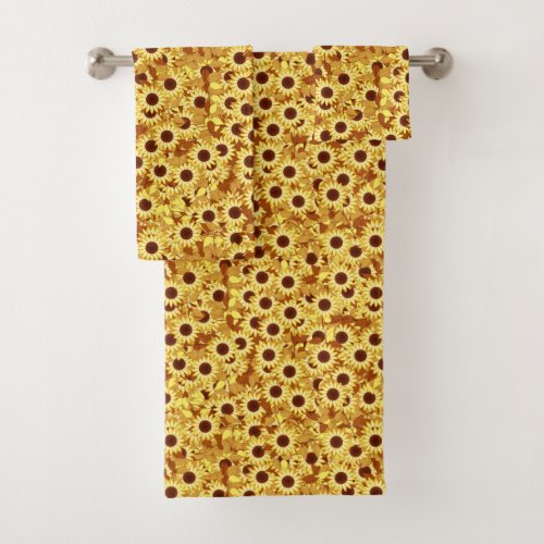 Sunflower Pattern Gold Yellow and Brown Bath Towel Set