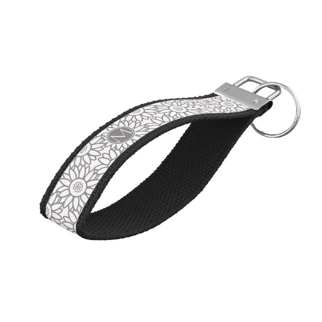 Sunflower Pattern Personalized Monogram Wrist Keychain (Angled Up)
