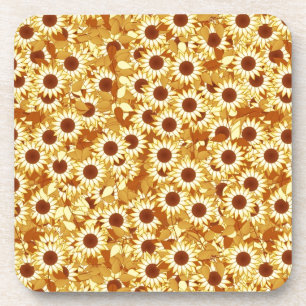 Sunflower pattern, shades of gold, yellow and brow beverage coaster