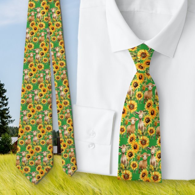 Sunflower Pattern Spring Green Farm Animals Neck Tie (Creator Uploaded)
