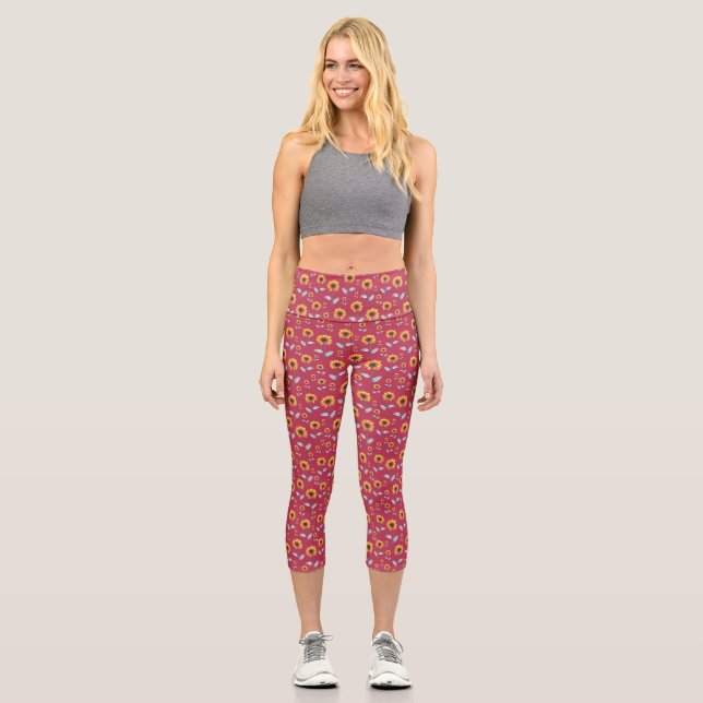 Sunflower Pattern - Viva Magenta Capri Leggings (Front)