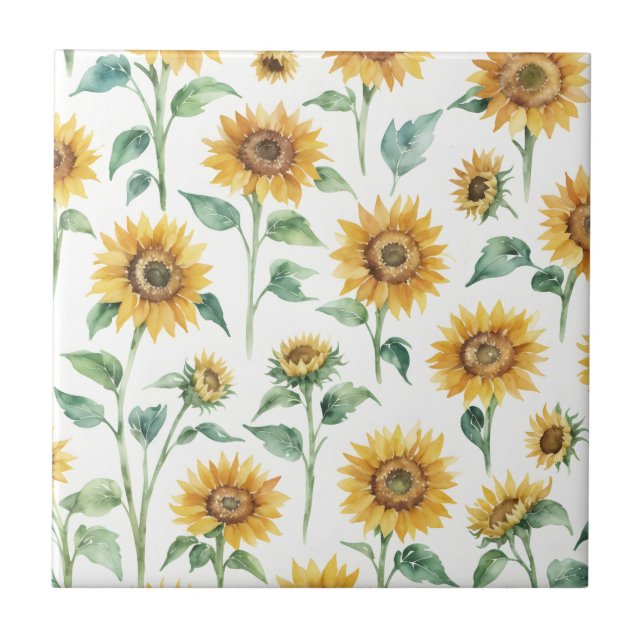 Sunflower Pattern Watercolor Botanical  Ceramic Tile (Front)