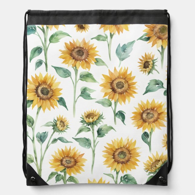 Sunflower Pattern Watercolor Botanical  Drawstring Bag (Front)
