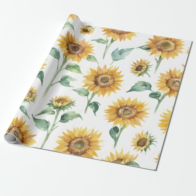 Sunflower Pattern Watercolor Botanical  Wrapping Paper (Unrolled)