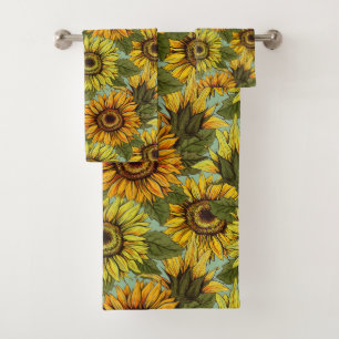 Sunflower Pattern with Foliage on Sage Background Bath Towel Set