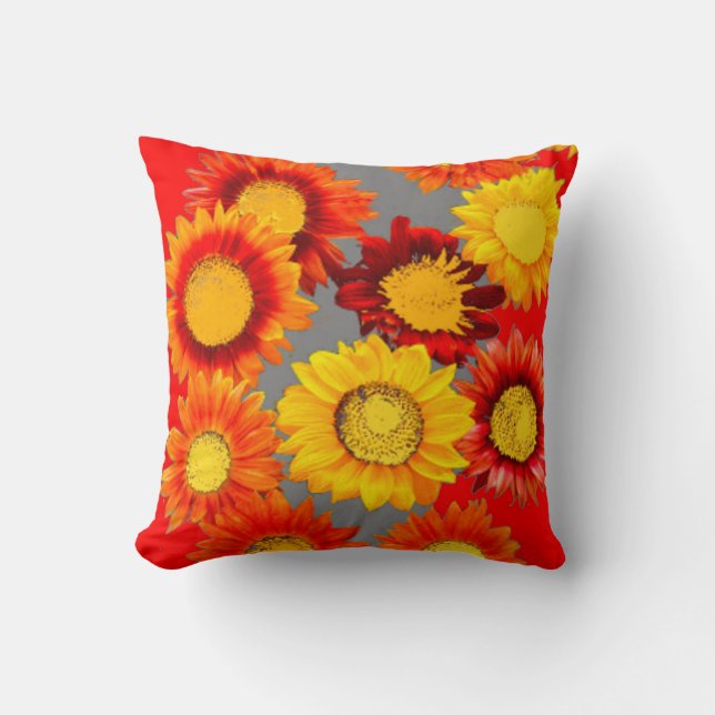 SUNFLOWER PATTERNS GREY-RED ABSTRACT ART THROW PILLOW (Front)