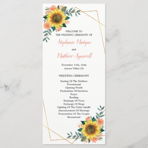 Sunflower Peach Coral Floral Geometric Wedding Program