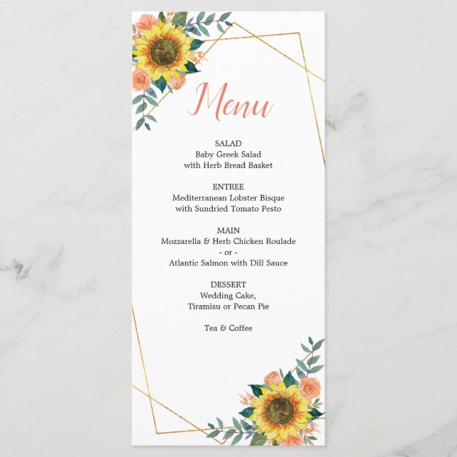 Sunflower Peach Coral Rose Geometric Wedding Menu (Front)