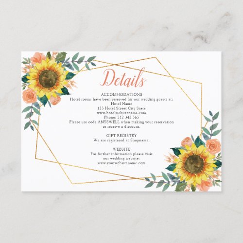 Sunflower Peach Floral Geometric Wedding Details Enclosure Card