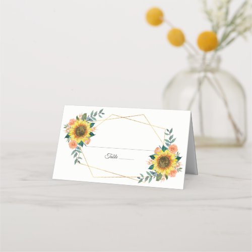 Sunflower Peach Floral Geometric Wedding Place Card