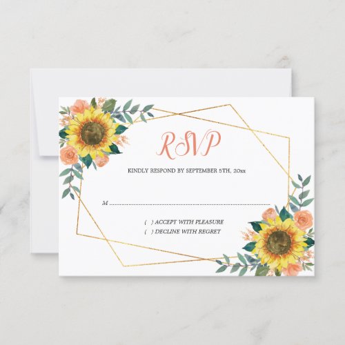 Sunflower Peach Floral Geometric Wedding RSVP Card