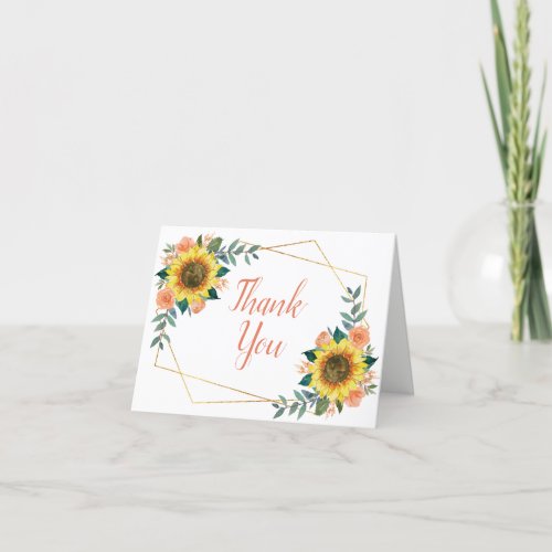 Sunflower Peach Floral Geometric Wedding Thank You Card