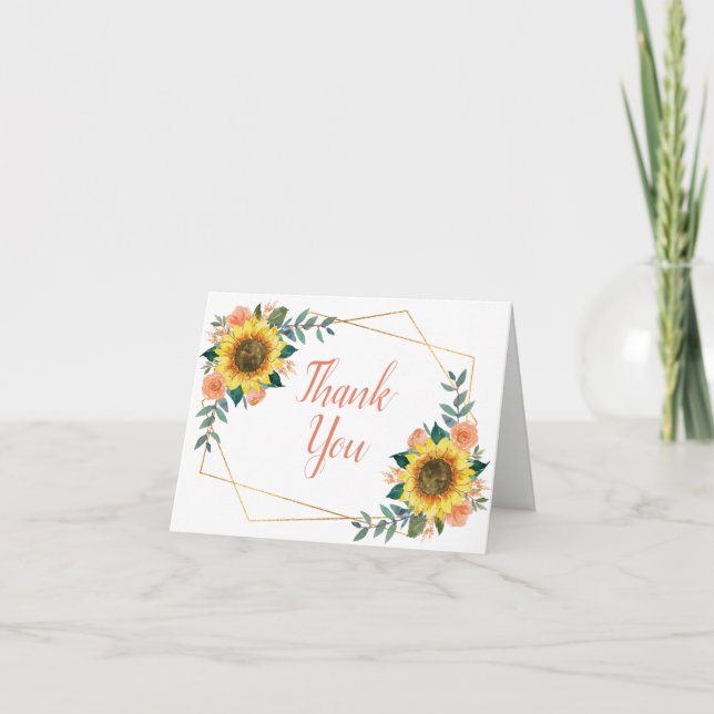 Sunflower Peach Floral Geometric Wedding Thank You Card (Front)