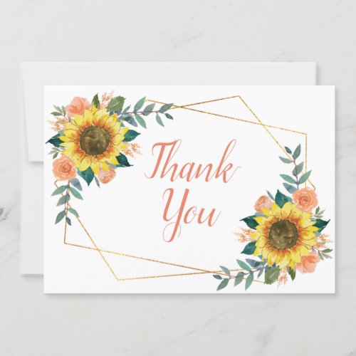 Sunflower Peach Floral Geometric Wedding Thank You Card