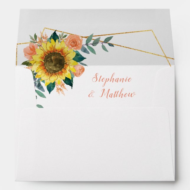 Sunflower Peach Rose Floral Geometric Wedding Envelope (Back (Bottom))