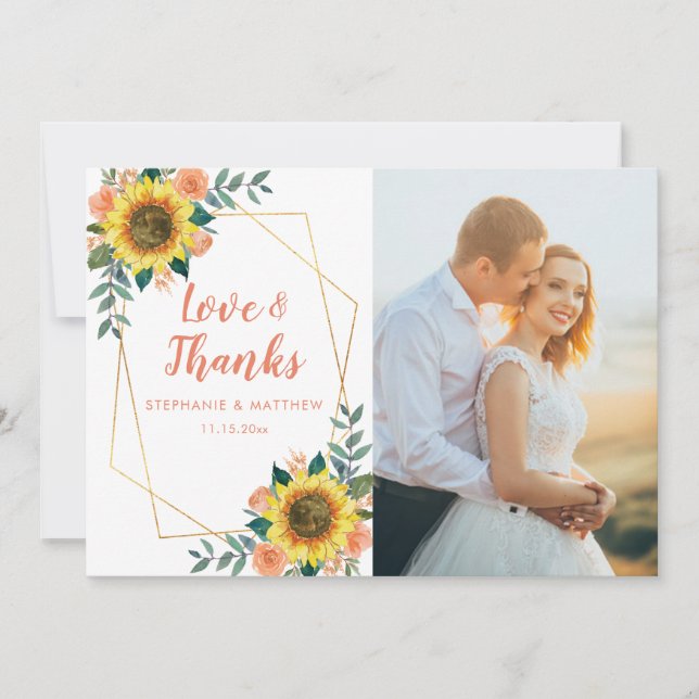 Sunflower Peach Rose Geometric Wedding Photo  Thank You Card (Front)