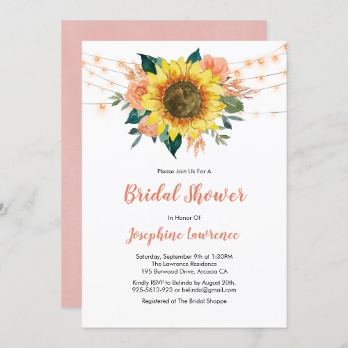 Sunflower Peach Rose Lights Bridal Shower Invitation