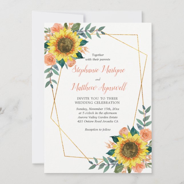 Sunflower Peach Roses Modern Geometric Wedding Invitation (Front)