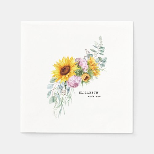  Sunflower Peony Bridal Shower Custom Cocktail Napkins