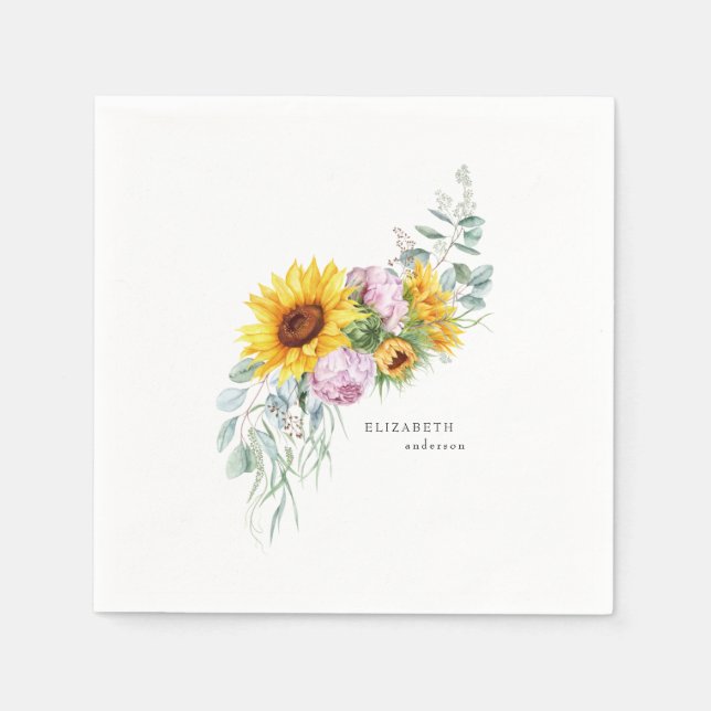  Sunflower Peony Bridal Shower Custom Cocktail Napkins (Front)