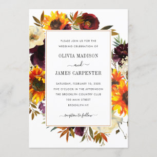 Sunflower Peony Burgundy Red Purple Floral Wedding Invitation
